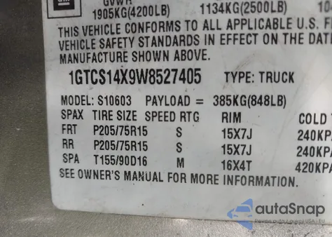1998 GMC Sonoma Sl z USA, uszkodzony, nr VIN 1GTCS14X9W8527405